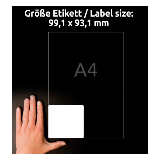 Usporedba veličine s rukom, Artikal: L7166-100, jedan list za otpremne naljepnice, format: 99,1 x 93,1 mm, boja: bijela.