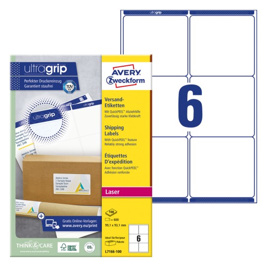 Slika pakiranja s listovima naljepnica: Avery Zweckform poštanske naljepnice, artikl: L7166-100, format: 99,1 x 93,1 mm, pogodnost za tiskanje: lasersko crno-bijelo, lasersko u boji, sadržaj: 600 naljepnica / 100 listova, 6 naljepnica po listu.