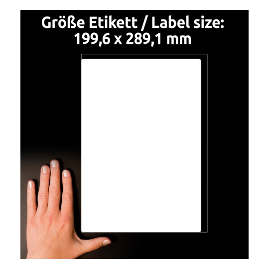 Usporedba veličine s rukom, Artikl: L7167-100, jedan list transportnih etiketa, Format: 199,6 x 289,1 mm, Boja: Bijela?