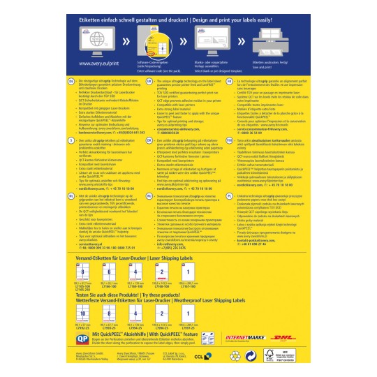 Slika je promotivni materijal za Averyjevu tehnologiju ispisa etiketa koja sadrži više jezika. Opisuje značajke i prednosti ultratag tehnologije za laserske pisače te uključuje upute za korištenje QuickPEEL etiketa.