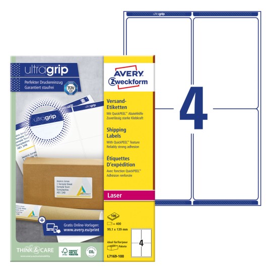 Slika pakiranja s listom naljepnica: Avery Zweckform naljepnice za slanje, Artikl: L7169-100, Format: 99,1 x 139 mm, Prikladnost tiska: Laser crno/bijelo, Laserski u boji, Sadržaj: 400 naljepnica / 100 listova, 4 naljepnice/list?