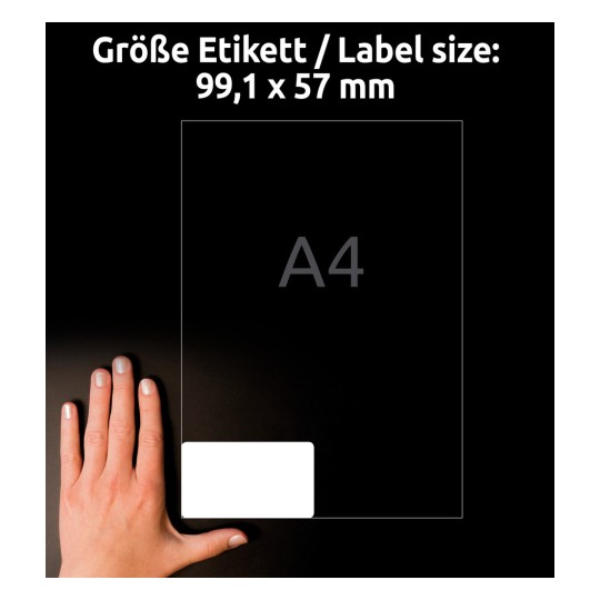 Usporedba veličine s rukom, Artikl: L7173-100, jedan list adresnih naljepnica, format: 99,1 x 57 mm, boja: Bijela?