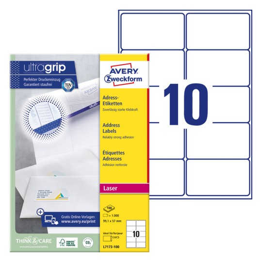 Ambalaža s listom naljepnica: Avery Zweckform adrese naljepnice, artikl: L7173-100, format: 99,1 x 57 mm, prikladno za pisač: crno-bijeli laser, laserski pisač u boji, sadržaj: 1.000 naljepnica / 100 listova, 10 naljepnica po listu.