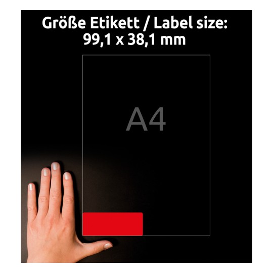 Usporedba veličine s rukom, Artikal: L7263R-25, jedan list naljepnica u posebnim bojama, format: 99,1 x 38,1 mm, boja: neon crvena?