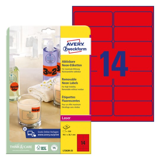 Slika pakiranja s listovima naljepnica: Avery Zweckform naljepnice u posebnim bojama, artikal: L7263R-25, format: 99,1 x 38,1 mm, pogodnost za ispis: crno-bijeli laser, kolor laser, sadržaj: 350 naljepnica / 25 listova, 14 naljepnica po listu.