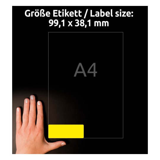 Usporedba veličine s rukom, Artikl: L7263Y-25, jedan list etiketa u posebnim bojama, format: 99,1 x 38,1 mm, boja: neon žuta.