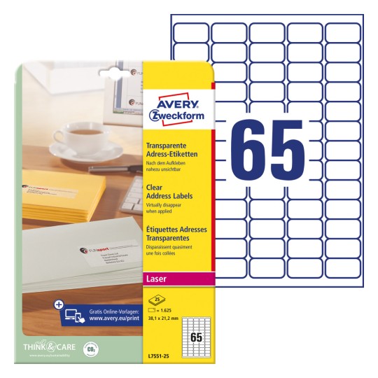 Slika pakiranja s listom naljepnica: Avery Zweckform adrese naljepnice, artikl: L7551-25, format: 38,1 x 21,2 mm, prikladno za ispis: crno-bijeli laser, laserski u boji, sadržaj: 1.625 naljepnica / 25 listova, 65 naljepnica/list?