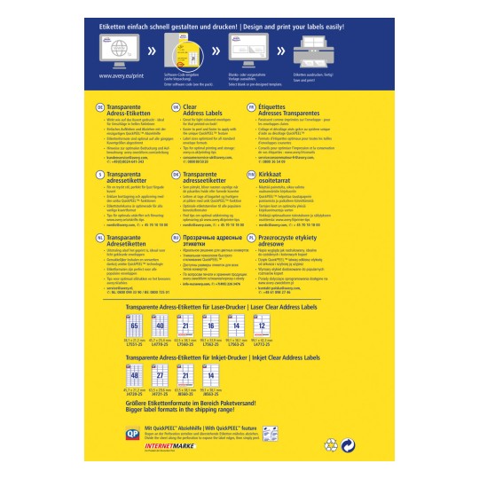 Slika je reklama za Averyjeve prozirne naljepnice za adrese, prikazujući razne jezike i značajke. Pruža upute za dizajniranje i ispisivanje naljepnica, uključujući QuickPEEL značajku. Dokument sadrži različite formate naljepnica i odjeljak za kontakt s korisničkom službom.