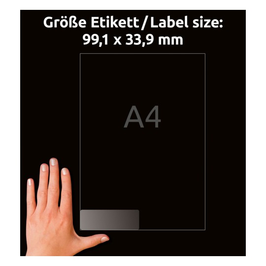 Usporedba veličine s rukom, Artikl: L7562-25, jedan list adresnih naljepnica, format: 99,1 x 33,9 mm, boja: prozirna.