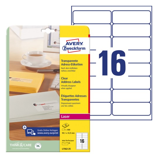 Slika pakiranja s listom naljepnica: Avery Zweckform Adresne naljepnice, artikl: L7562-25, format: 99,1 x 33,9 mm, prikladnost za ispis: laser crno-bijeli, laserski u boji, sadržaj: 400 naljepnica / 25 listova, 16 naljepnica/list?