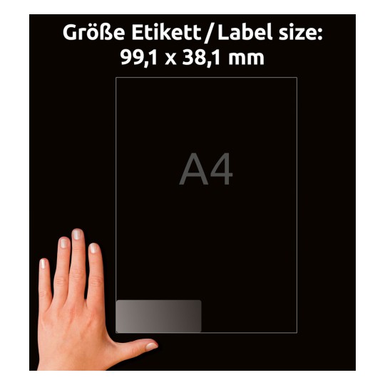 Usporedba veličine s rukom, Članak: L7563-25, jedan list adresnih naljepnica, Format: 99,1 x 38,1 mm, Boja: Prozirna.