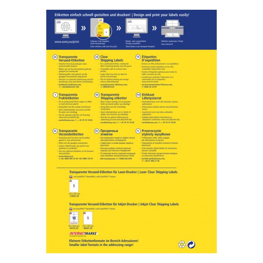 Slika prikazuje promotivni letak za Averyjeve prozirne naljepnice za otpremu. Uključuje upute na više jezika i ističe kompatibilnost s laserskim i tintnim pisačima. Postoje razne opcije naljepnica i predlošci za jednostavan dizajn i ispis.