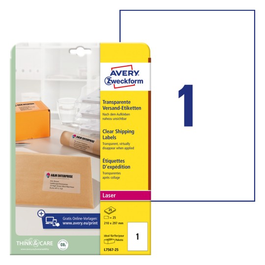 Slika pakiranja s naljepnicama: Avery Zweckform naljepnice za slanje, artikl: L7567-25, format: 210 x 297 mm, prikladno za pisače: crno-bijeli laser, laserski u boji, sadržaj: 25 naljepnica / 25 listova, 1 naljepnica/list?
