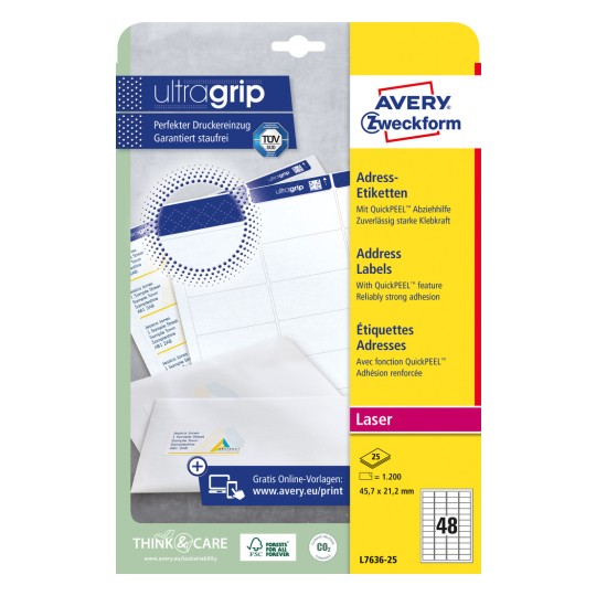 Slika pakiranja: Avery Zweckform Bijele adrese naljepnice za laserske pisače, Artikl: L7636-25, Format: 45,7 x 21,2 mm, Pogodno za printer: crno-bijeli laser, kolor laser, Sadržaj: 1.200 naljepnica / 25 listova, 48 naljepnica/ list?