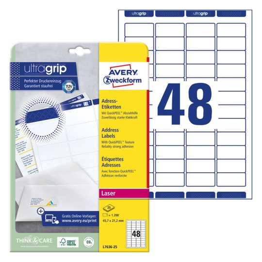 Slika pakiranja s listom naljepnica: Avery Zweckform adresne naljepnice, artikl: L7636-25, format: 45,7 x 21,2 mm, prikladnost za ispis: crno-bijeli laserski ispis, laserski ispis u boji, sadržaj: 1.200 naljepnica / 25 listova, 48 naljepnica/list?