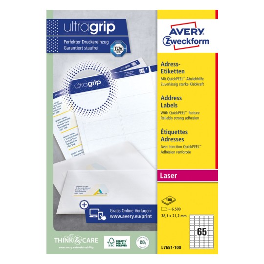 Slika pakiranja: Avery Zweckform Bijele adresne naljepnice za laserske pisače, Artikl: L7651-100, Format: 38,1 x 21,2 mm, Pogodnost za tisak: Crno-bijeli laser, laserski pisač u boji, Sadržaj: 6.500 naljepnica / 100 listova, 65 naljepnica/list?