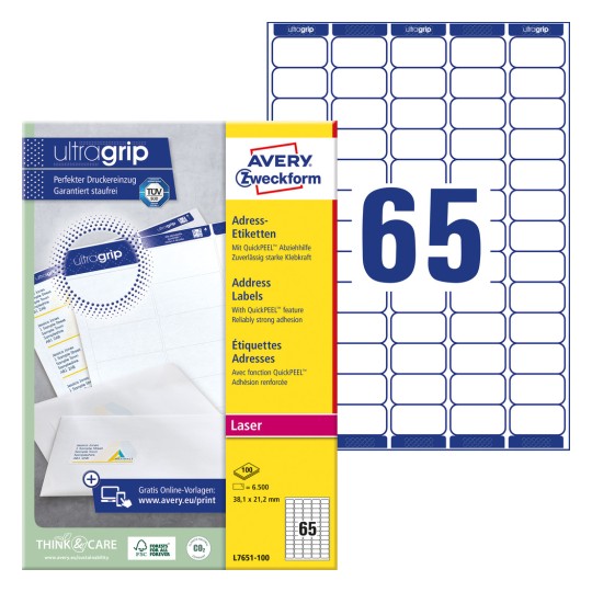 Slika pakiranja s listovima etiketa: Avery Zweckform naljepnice za adrese, artikl: L7651-100, format: 38,1 x 21,2 mm, prikladno za pisače: laserski crno-bijeli, laserski u boji, sadržaj: 6.500 naljepnica / 100 listova, 65 naljepnica/list?