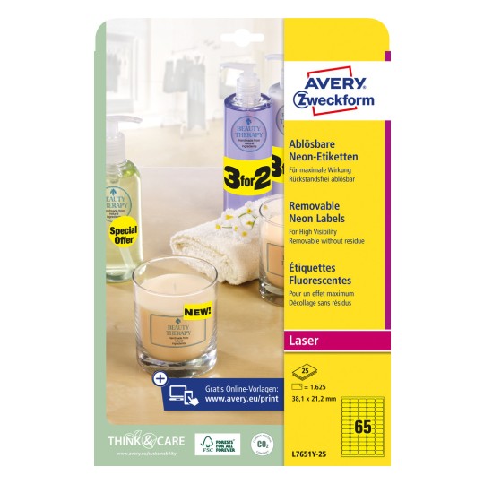 Slika pakiranja: Avery Zweckform Neon-etikete, Artikal: L7651Y-25, Format: 38,1 x 21,2 mm, Podobnost za ispis: laserski crno-bijeli, laserski u boji, Sadržaj: 1.625 etiketa / 25 listova, 65 etiketa/list?