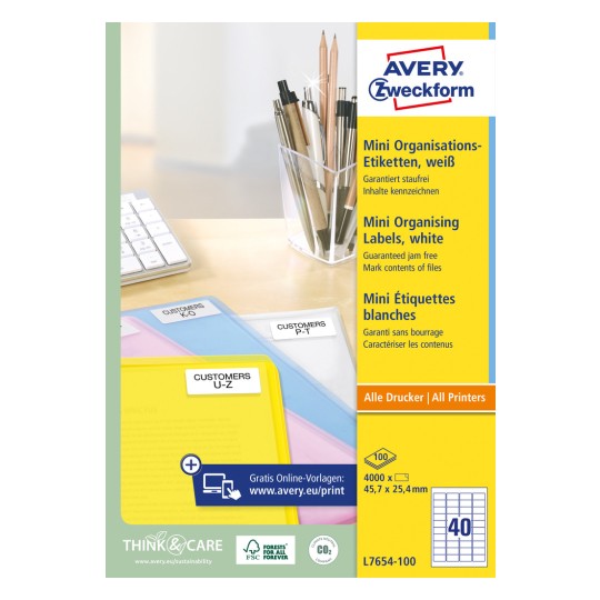 Pakiranje slika: Avery Zweckform Mini organizacijske naljepnice, artikal: L7654-100, format: 45,7 x 25,4 mm, prikladno za ispis: Inkjet, crno-bijeli laser, kolor laser, sadržaj: 4.000 naljepnica / 100 listova, 40 naljepnica/list.