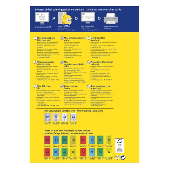 Informativni grafikon za Averyjeve mini organizacijske etikete, s uputama na više jezika o tome kako brzo dizajnirati i ispisati etikete. Uključuje različite veličine i opcije etiketa, zajedno s podacima za kontakt korisničke službe.