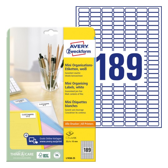 Pakiranje s listom naljepnica: Avery Zweckform mini-organizacijske naljepnice, artikl: L7658-25, format: 25,4 x 10 mm, pogodno za: inkjet, crno-bijeli laser, kolor laser, sadržaj: 4.725 naljepnica / 25 listova, 189 naljepnica po listu.