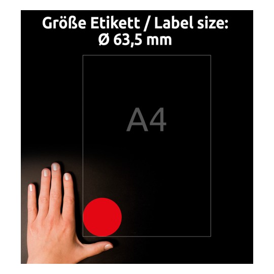 Usporedba veličine s rukom, artikal: L7670R-25, jedan list naljepnica u posebnim bojama, format: ⌀ 63,5 mm, boja: neon crvena.