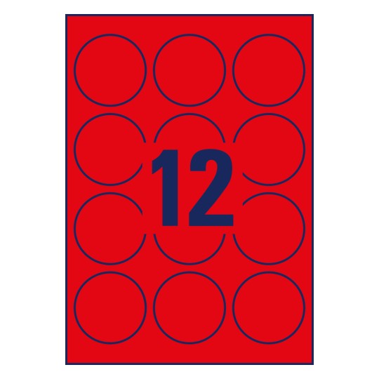 Pojedinačni list crteža, A4, Artikl: L7670R-25, Naljepnice u posebnim bojama, Format: ⌀ 63,5 mm, 12 naljepnica/ list?