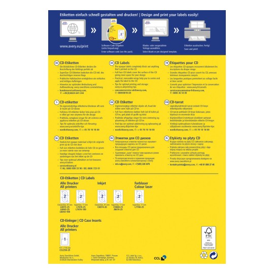 Ova slika je brošura ili informativni list o CD naljepnicama, sadrži tekst i grafike na više jezika, opisuje proizvod i upute za ispis.