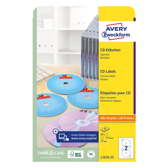 Slika pakiranja: Avery Zweckform CD-etikete SuperSize, Artikl: L7676-25, Format: ⌀ 117 mm, Pogodnost za pisač: Inkjet, laserski pisač crno-bijelo, laserski pisač u boji, Sadržaj: 50 etiketa / 25 listova, 2 etikete/list.