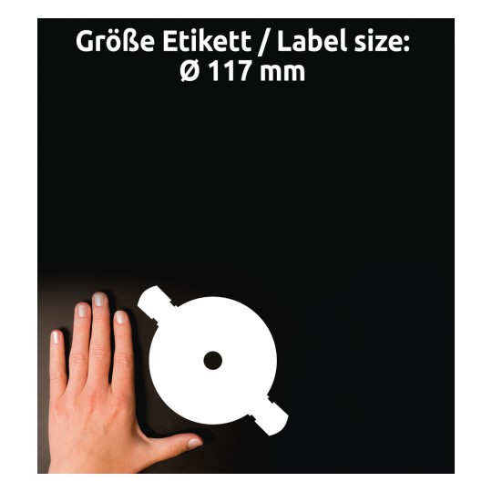 Veličina u usporedbi s rukom, Artikal: L7676A-40P, jedan list CD naljepnica SuperSize, format: ⌀ 117 mm, boja: bijela.