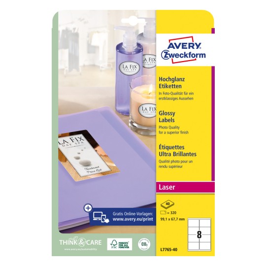 Slika pakiranja: Avery Zweckform sjajni listići, Artikl: L7765-40, Format: 99,1 x 67,7 mm, Pogodno za ispis: Crno-bijeli laser, laserski u boji, Sadržaj: 320 etiketa / 40 listova, 8 etiketa po listu.