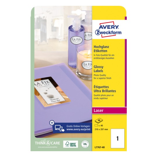 Pakiranje: Avery Zweckform visokosjajni etiketi, Artikl: L7767-40, Format: 210 x 297 mm, Prikladnost za ispis: crno-bijeli laser, laserski pisač u boji, Sadržaj: 40 etiketa / 40 listova, 1 etiketa po listu?