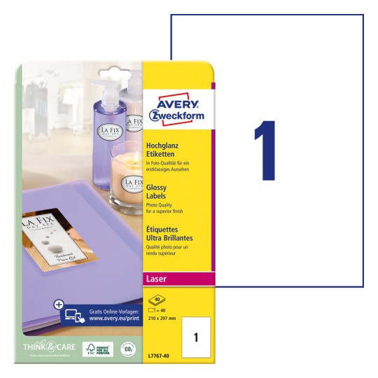 Slika pakiranja s listom naljepnica: Avery Zweckform naljepnice visoki sjaj, Artikal: L7767-40, Format: 210 x 297 mm, Pogodno za tiskanje: laserski crno-bijelo, laserski u boji, Sadržaj: 40 naljepnica / 40 listova, 1 naljepnica/list?