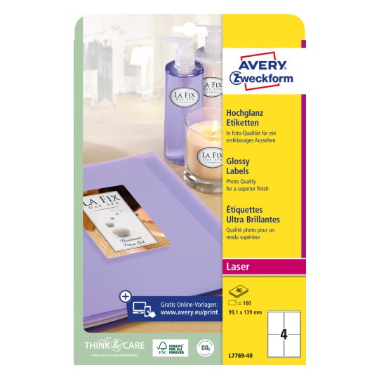 Slika pakiranja: Avery Zweckform sjajni etiketi, Artikl: L7769-40, Format: 99,1 x 139 mm, Pogodno za ispis: crno-bijeli laser, laserski u boji, Sadržaj: 160 etiketa / 40 listova, 4 etikete/ list?