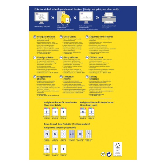 Slika je informativni letak o Averyjevim sjajnim etiketama za ispis, koji sadrži različite veličine etiketa, upute i kontakt detalje na više jezika.