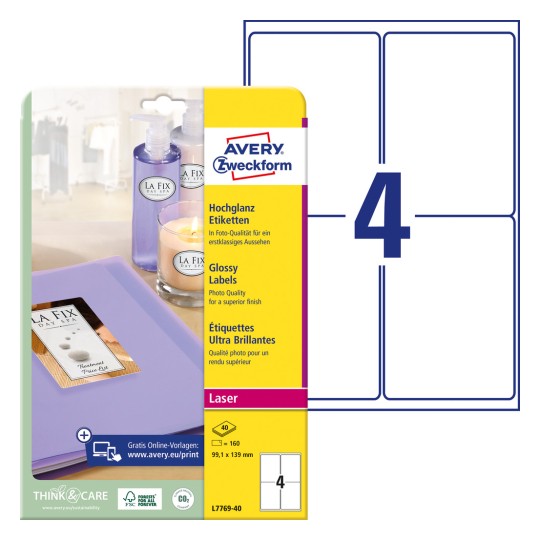 Slika pakiranja s listom naljepnica: Avery Zweckform visoki sjaj naljepnice, artikal: L7769-40, format: 99,1 x 139 mm, prikladnost za ispis: laserski crno/bijeli i laserski u boji, sadržaj: 160 naljepnica / 40 listova, 4 naljepnice po listu.