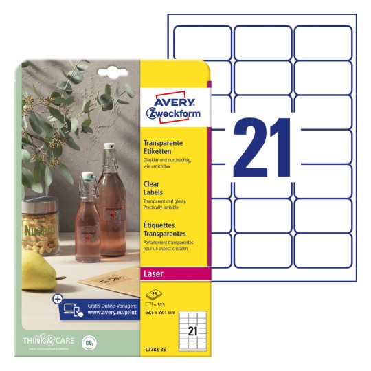 Pakiranje sa arkom naljepnica: Avery Zweckform Transparentne naljepnice, Artikl: L7782-25, Format: 63,5 x 38,1 mm, Pogodno za pisač: crno-bijeli laser, laserski u boji, Sadržaj: 525 naljepnica / 25 listova, 21 naljepnica/ list?