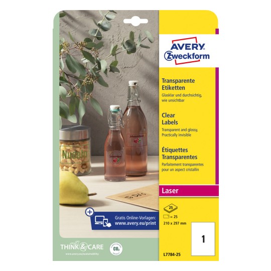 Slika pakiranja: Avery Zweckform Prozirne naljepnice, Artikl: L7784-25, Format: 210 x 297 mm, Pogodnost za ispis: Crno-bijeli laserski, laserski u boji, Sadržaj: 25 naljepnica / 25 listova, 1 naljepnica/list?