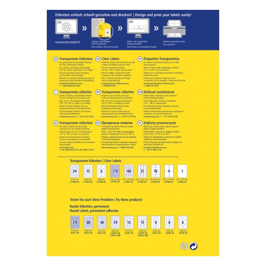 Slika prikazuje promotivni letak za prozirne etikete tvrtke Avery, sadrži upute, veličine i savjete za dizajniranje i ispis etiketa na raznim jezicima, uključujući njemački, engleski, francuski i druge.