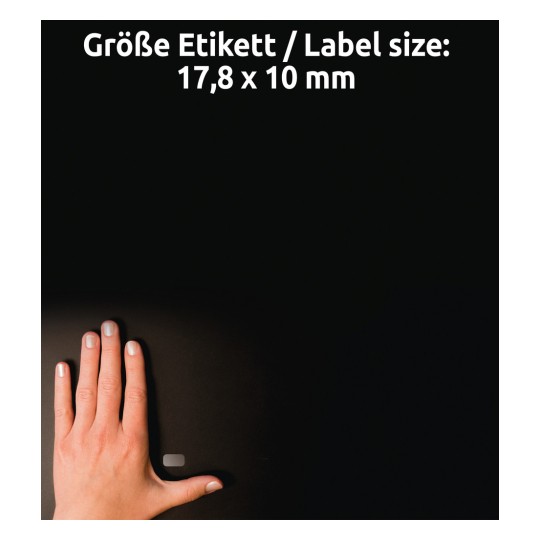 Usporedba veličine s rukom, artikal: L7785-25, jedan list prozirnih etiketa, format: 17,8 x 10 mm, boja: prozirna.