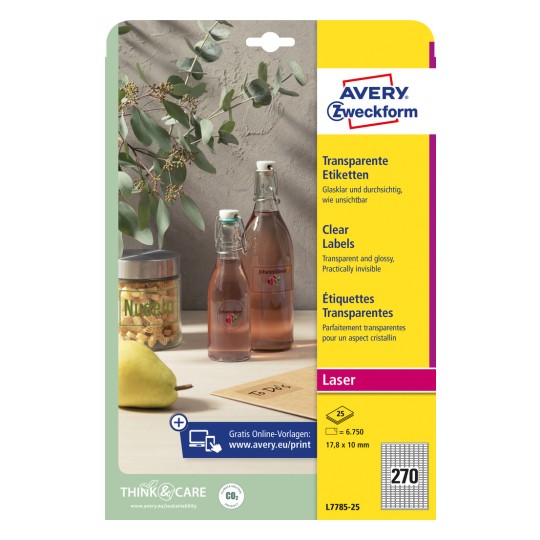 Slika pakiranja: Avery Zweckform Transparent Labels, Artikl: L7785-25, Format: 17,8 x 10 mm, Pogodno za pisače: crno-bijeli laser, laserski u boji, Sadržaj: 6.750 etiketa / 25 listova, 270 etiketa/list?