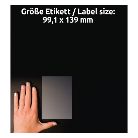 Usporedba veličine s rukom, Artikl: L7786-25, jedan list prozirnih naljepnica, Format: 99,1 x 139 mm, Boja: Prozirna.