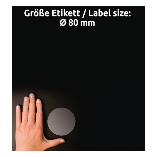 Usporedba veličine s rukom, Članak: L7788-25, jedan list prozirnih naljepnica, Format: ⌀ 80 mm, Boja: Prozirna.