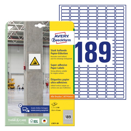 Slika pakiranja s listom naljepnica: Avery Zweckform Jake papirnate naljepnice, Artikl: L7871-20, Format: 25,4 x 10 mm, Pogodnost ispisa: Inkjet, crno-bijeli laser, laserski u boji, Sadržaj: 3.780 naljepnica / 20 listova, 189 naljepnica/list?