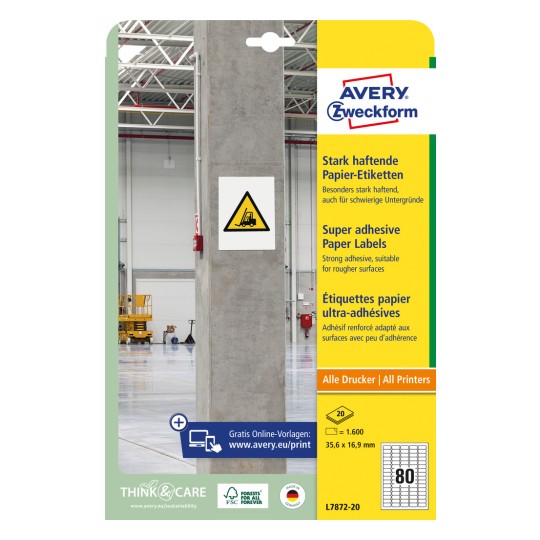 Slika pakiranja: Avery Zweckform Jako ljepljive papirnate etikete, Artikl: L7872-20, Format: 35,6 x 16,9 mm, Prikladnost za pisač: Inkjet, Crno-bijeli laser, Laserski kolor, Sadržaj: 1.600 etiketa / 20 listova, 80 etiketa/list?