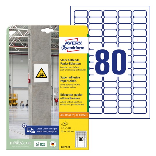 Pakiranje s arkom s etiketama: Avery Zweckform Snažno ljepljive papirnate etikete, Artikl: L7872-20, Format: 35,6 x 16,9 mm, Pogodno za tiskanje: Inkjet, crno-bijeli laser, laserski u boji, Sadržaj: 1.600 etiketa / 20 listova, 80 etiketa/arka