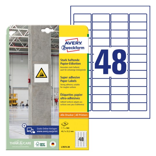 Slika pakiranja s listom naljepnica: Avery Zweckform Jako prijanjajuće papirne naljepnice, Artikl: L7873-20, Format: 45,7 x 21,2 mm, Pogodno za tiskanje: Inkjet, crno-bijeli laser, laserski kolor, Sadržaj: 960 naljepnica / 20 listova, 48 naljepnica/listu.