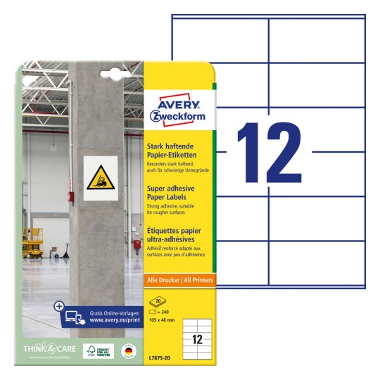 Slik s etiketnim listom: Avery Zweckform Snažno prijanjajuće papirnate etikete, Artikl: L7875-20, Format: 105 x 48 mm, Pogodnost za pisač: Inkjet, crno-bijeli laser, laserski u boji, Sadržaj: 240 etiketa / 20 listova, 12 etiketa/list?