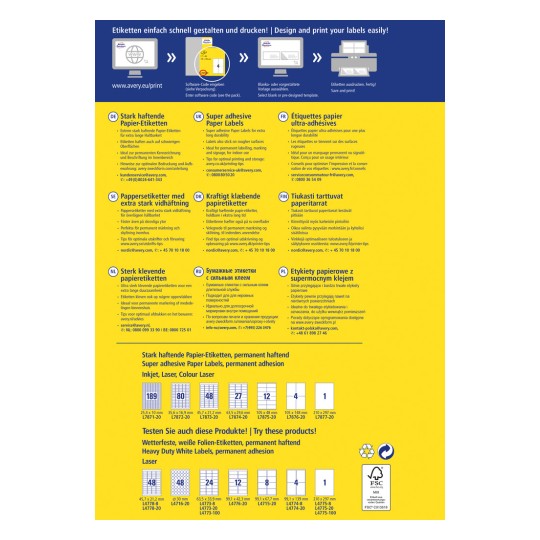 Slika sadrži informacije o raznim vrstama samoljepljivih naljepnica koje nudi Avery, uključujući detalje o dimenzijama, opcijama ispisa i uporabi višejezičnih naljepnica. Izgled sadrži opise na više jezika, uključujući njemački, engleski, francuski, švedski, nizozemski, ruski, finski i poljski.