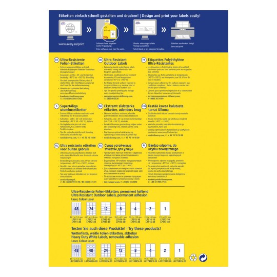 Slika prikazuje informativni list o proizvodu za ultra otporne naljepnice, u kojem su detaljno navedene njihove značajke, primjene i savjeti za ispis na više jezika.